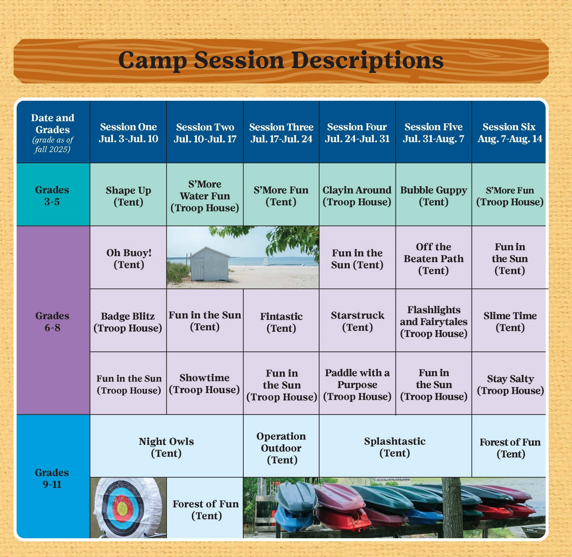 Camp Blue Bay Summer 2023 Sessions Calendar