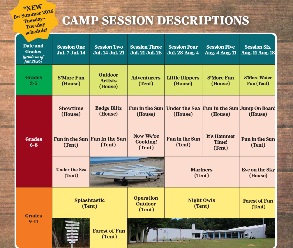 Camp Blue Bay Summer 2023 Sessions Calendar